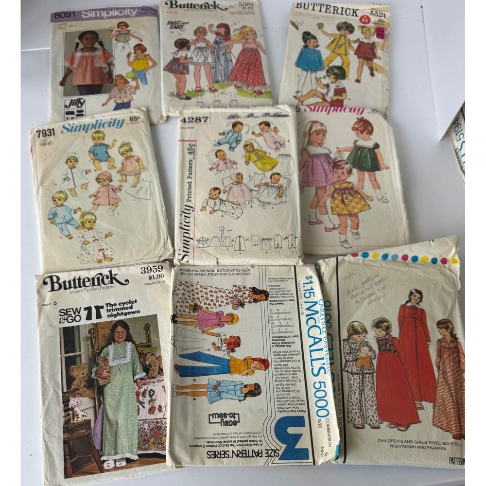 Simplicity Butterick‎ Vintage 60s 70s Sewing Patterns Lot Kids Dolls Mixed Sizes